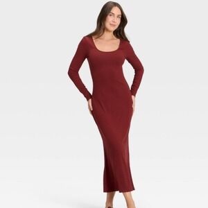 A New Day Dark Red Ribbed Long Sleeve Maxi Dress Burgundy Scoop Neck Medium NWT